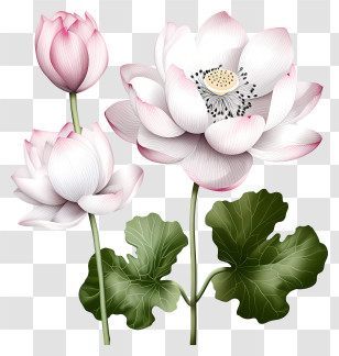 Sketch Style Lotus Flower - Delicate Pink Lotus Flowers With Green Foliage Transparent PNG