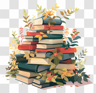 Book Pile - Book Stack Surrounded By Leaves Illustration Transparent PNG