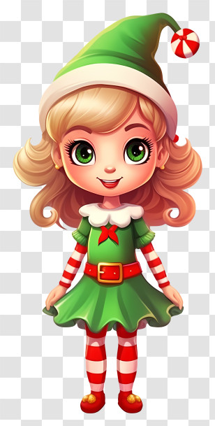 Cute Elf Girl - Cartoon Christmas Elf Girl In Festive Outfit Transparent PNG