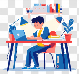 Boy Doing Homework - Student Studying At Desk With Laptop And Books Transparent PNG