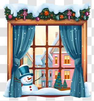 Snow Covered Roof - Snowy Window With Holiday Decorations Transparent PNG
