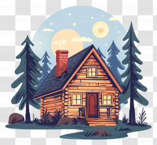 Log Cabin House - Wooden House In A Forest At Night Illustration Transparent PNG