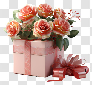 Gift Box - Decorative Flower Box With Roses And Ribbon Transparent PNG