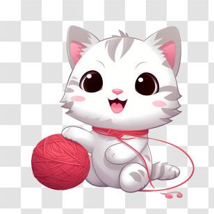 Cat Playing Yarn Ball - Cartoon Cute Kitten Playing With Red Yarn Transparent PNG