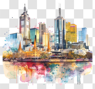 Melbourne City Skyline - Watercolor Painting Of An Urban Cityscape Transparent PNG