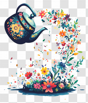 Floral Teapot - Artistic Teapot Pouring Floral Design Transparent PNG