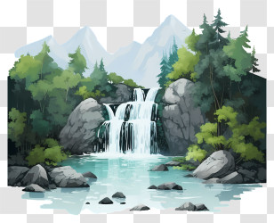Watercolor Waterfall - Scenic Cartoon Waterfall With Mountains And Greenery Transparent PNG