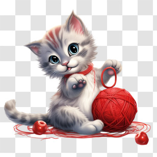 Cat Playing Yarn Ball - Adorable Kitten Playing With Red Yarn Transparent PNG