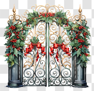 Wrought Iron Gate - Festive Decorated Gate With Holly And Ribbons Transparent PNG