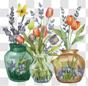 Cartoon - Vases With Tulips And Lavender Watercolor Illustration Transparent PNG