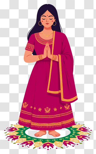 Woman Celebrating Diwali - Woman Praying On Rangoli In Magenta Dress Transparent PNG