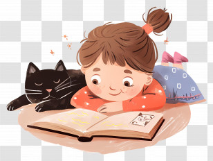 Little Girl Reading - Girl Reading With Cat Illustration Transparent PNG