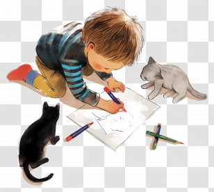 Boy Drawing With Crayons - Boy Drawing With Cats Transparent PNG