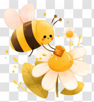 Cartoon Bee - Yellow Cartoon Bee And Flower Interaction Transparent PNG