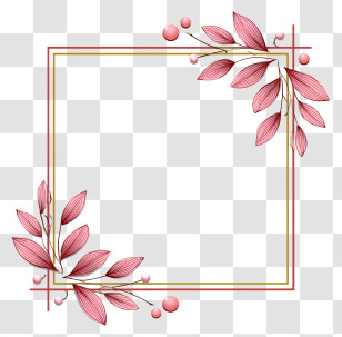 Minimalist Line Art Border - Decorative Frame With Pink Leaves Transparent PNG