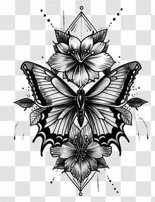 Butterfly Tattoo - Black And White Butterfly With Flowers Transparent PNG