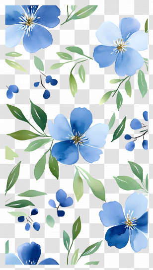 Flower Background - Blue Blossom Floral Pattern With Green Leaves Transparent PNG