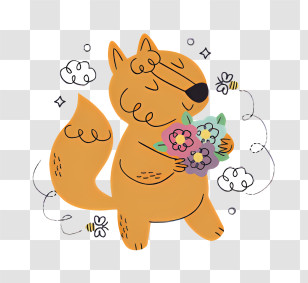 Cartoon Animal - Cute Fox Holding Flowers Transparent PNG