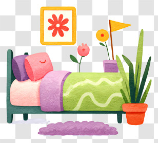 Cozy Bedroom - Cozy Green Bed Illustration Transparent PNG