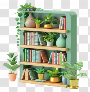 Bookcase - Bookshelf Decorated With Plants Transparent PNG