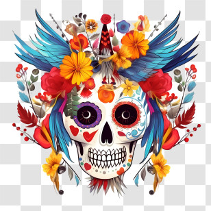 Day Of The Dead - Colorful Sugar Skull With Festive Flowers And Feathers Transparent PNG