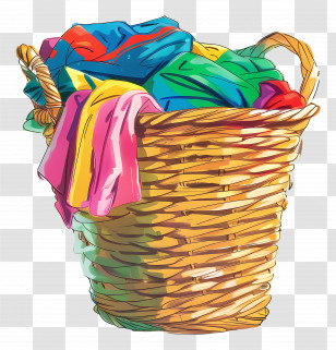 Laundry Basket - Woven Basket Full Of Colorful Clothes Transparent PNG