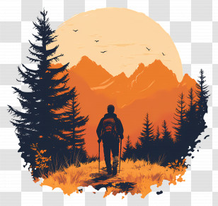 Hiking In Fall - Hiker Silhouette In Mountain Sunrise Illustration Transparent PNG
