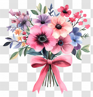Pink Bouquet - Beautiful Flower Bouquet With Pink Ribbon Transparent PNG