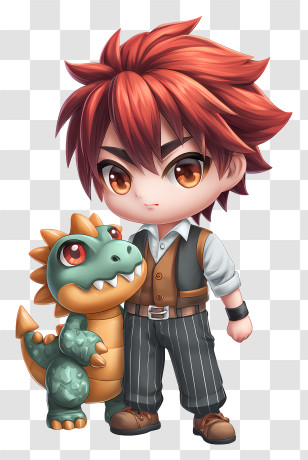 Chibi Dragon Tamer - Red-haired Boy With Cute Dinosaur Transparent PNG