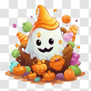 Halloween Ghost - Cute Ghost Cartoon With Halloween Treats Transparent PNG