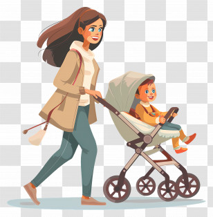 Woman Pushing Stroller - Mother Walking With Child In Stroller Transparent PNG