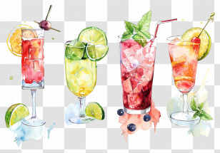 Watercolor Cocktail - Colorful Cocktails With Fruit Garnish Illustration Transparent PNG