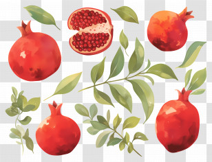 Pomegranate - Watercolor Pomegranates And Leafy Branches Transparent PNG