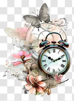 Cherish An Antique Day - Vintage Clock With Flowers And Butterflies Transparent PNG