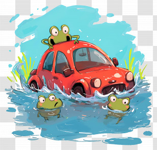 Car Sinking In Water - Red Car With Frogs In Water Transparent PNG