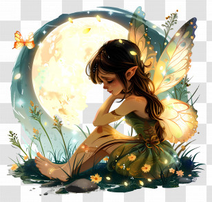 Summer Night - Magical Fairy Sitting By The Moon Transparent PNG