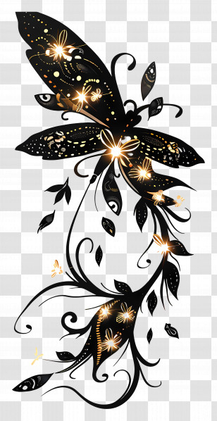 Lightning Bug - Black Floral Design With Butterfly Transparent PNG