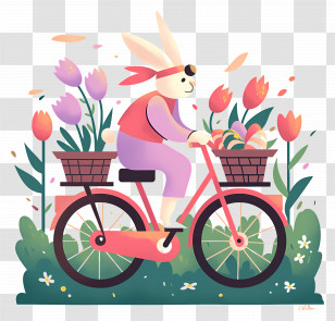 Easter Bunny On A Bicycle - Bunny Riding Bicycle With Flowers Transparent PNG