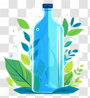 Mineral Spring Water - Blue Glass Bottle With Green Leaves Transparent PNG