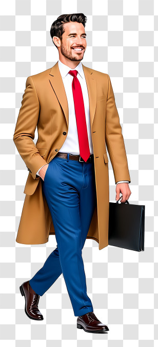 Businessman Walking - Smiling Man In Tan Coat With Briefcase Transparent PNG