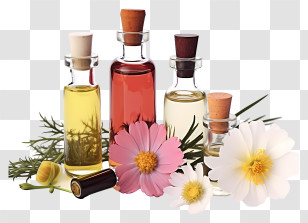Realistic Flower Essences Therapy - Essential Oil Bottles With Flowers In A Wellness Setup Transparent PNG