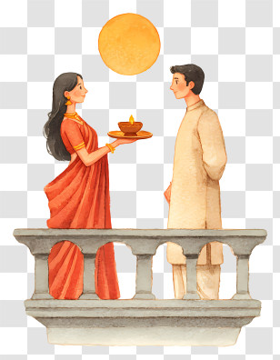 Karwa Chauth - Woman Offering Lamp To Husband On Balcony Transparent PNG