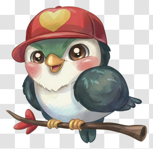 Cartoon - Bird With Red Cap On Branch Transparent PNG