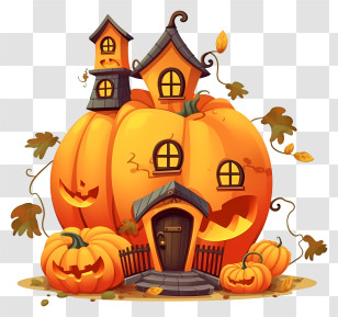 Pumpkin Carving - Pumpkin House With Fall Decorations For Halloween Transparent PNG