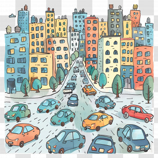 Cars In City - Colorful City Traffic And Buildings Illustration Transparent PNG