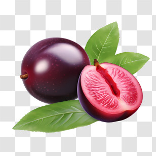 Plum - Juicy Purple Plum With Green Leaves Transparent PNG