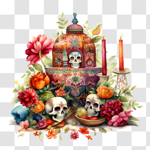 Ofrenda - Day Of The Dead Altar With Skulls And Flowers Transparent PNG