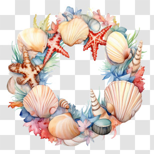 Seashell Frame - Seashell And Starfish Wreath In Watercolor Design Transparent PNG
