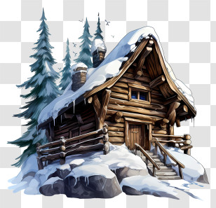 Log Cabin - Snowy Wooden Cabin In Winter Forest Transparent PNG