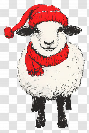 Christmas Sheep - Sheep Wearing Christmas Hat And Scarf Transparent PNG